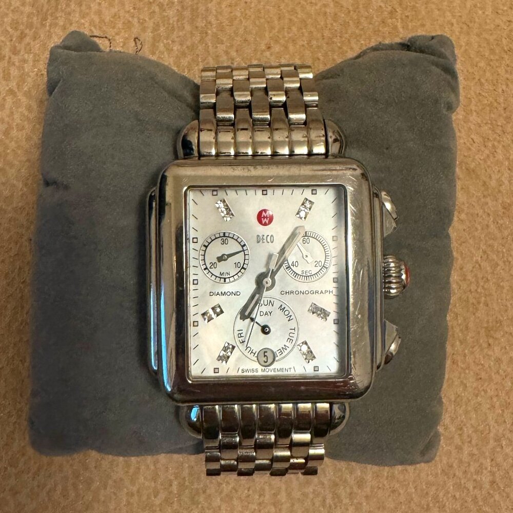 Silver, Mother of Pearl and Diamond Michele Women's Deco Diamond Dial Watch